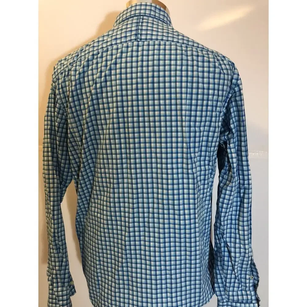 Banana Republic Shirt Mens Large Button Up Dress Shirt Blue Plaid Check 16 A5